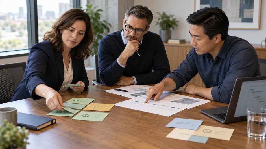 Business leaders and an engineering partner comparing software priorities and a phased roadmap. AI-generated concept image.