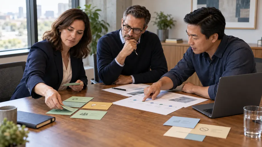 Business leaders and an engineering partner comparing software priorities and a phased roadmap. AI-generated concept image.