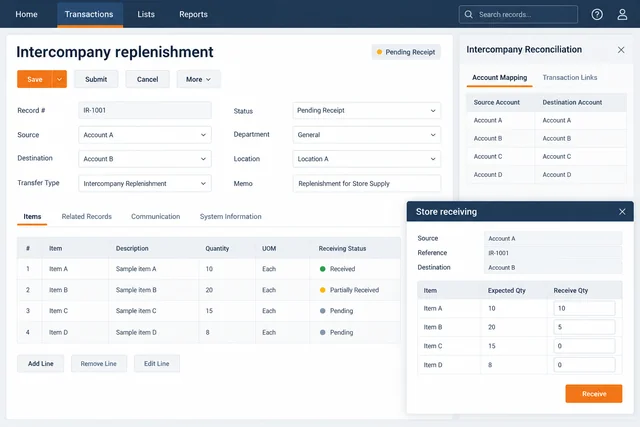 NetSuite-style intercompany replenishment record with receiving portal and reconciliation detail.