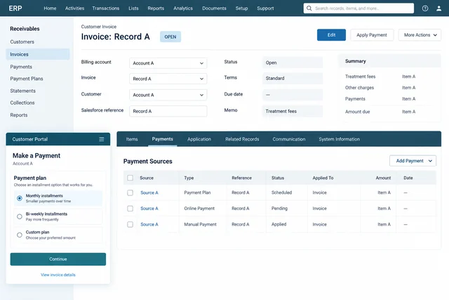NetSuite-style receivables record and a separate guardian installment-plan portal preview.