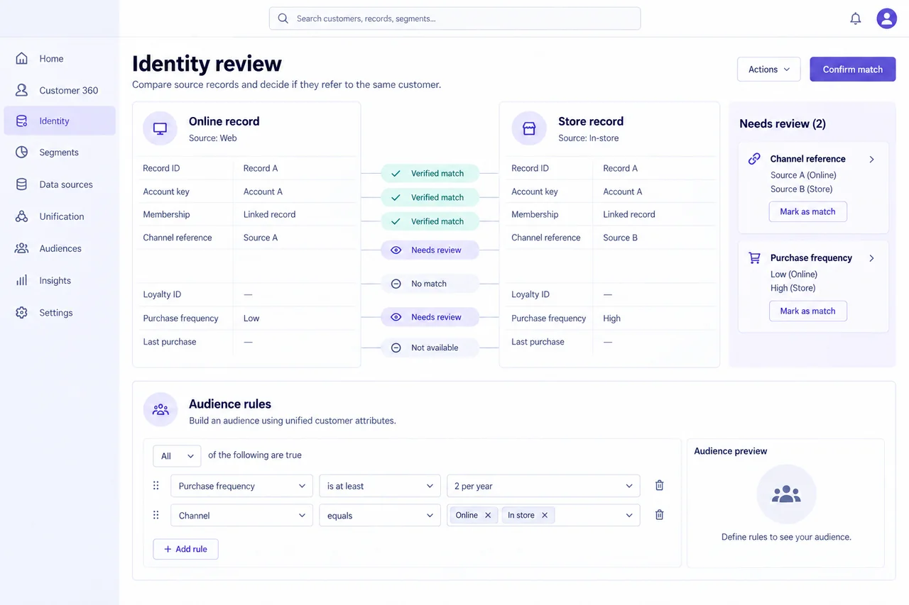 Customer identity review with source-record comparisons and an audience-rule editor.
