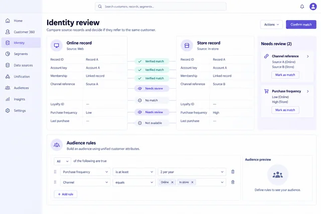 Customer identity review with source-record comparisons and an audience-rule editor.