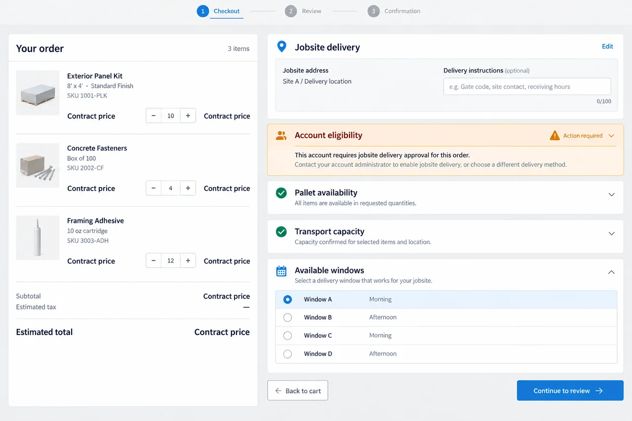 Jobsite checkout showing a basket and account, pallet, and transport validation.
