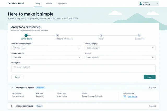 Customer portal with an application form, invoice access, and previous requests.
