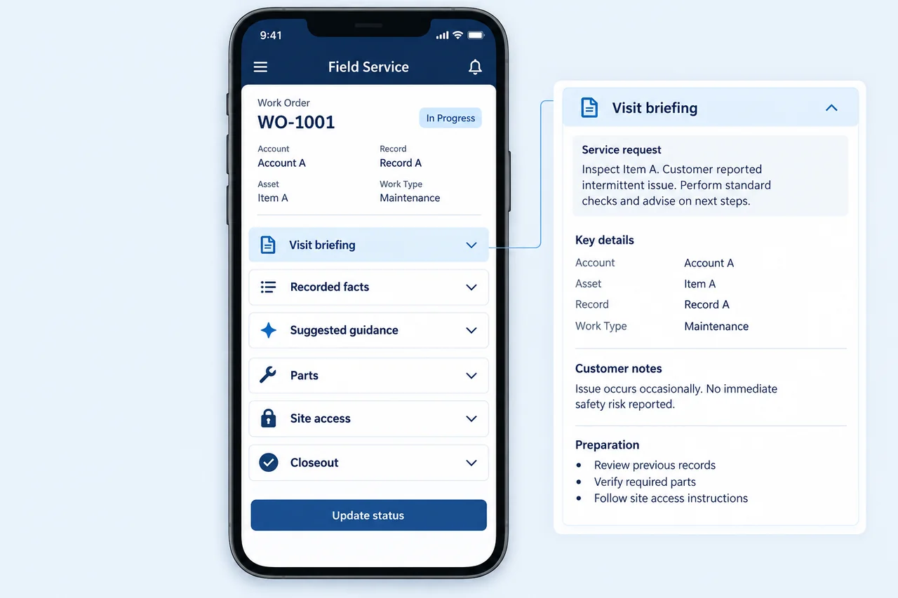 Mobile work order with recorded facts, suggested guidance, parts, and visit closeout.