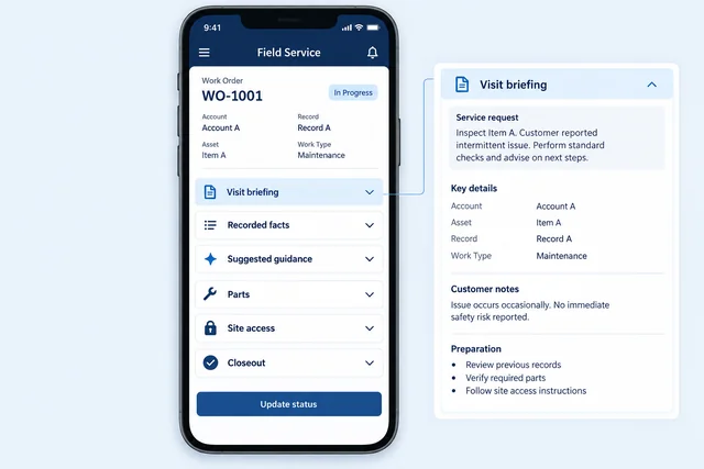 Mobile work order with recorded facts, suggested guidance, parts, and visit closeout.