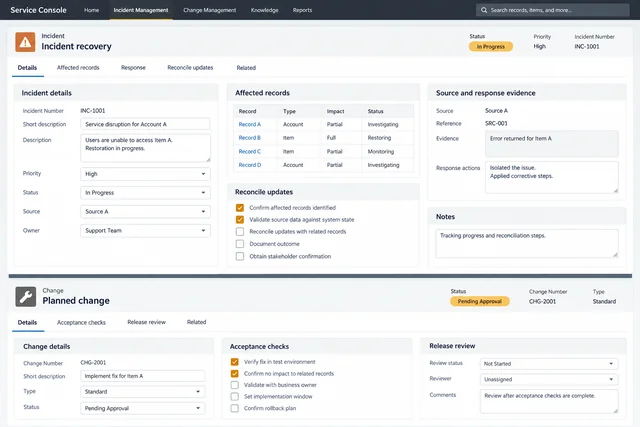 Illustrative support workspace separating incident reconciliation from a planned change record.