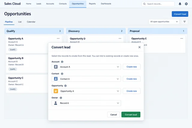 Sales pipeline board with a Lead conversion dialog for Account, Contact, and Opportunity records.